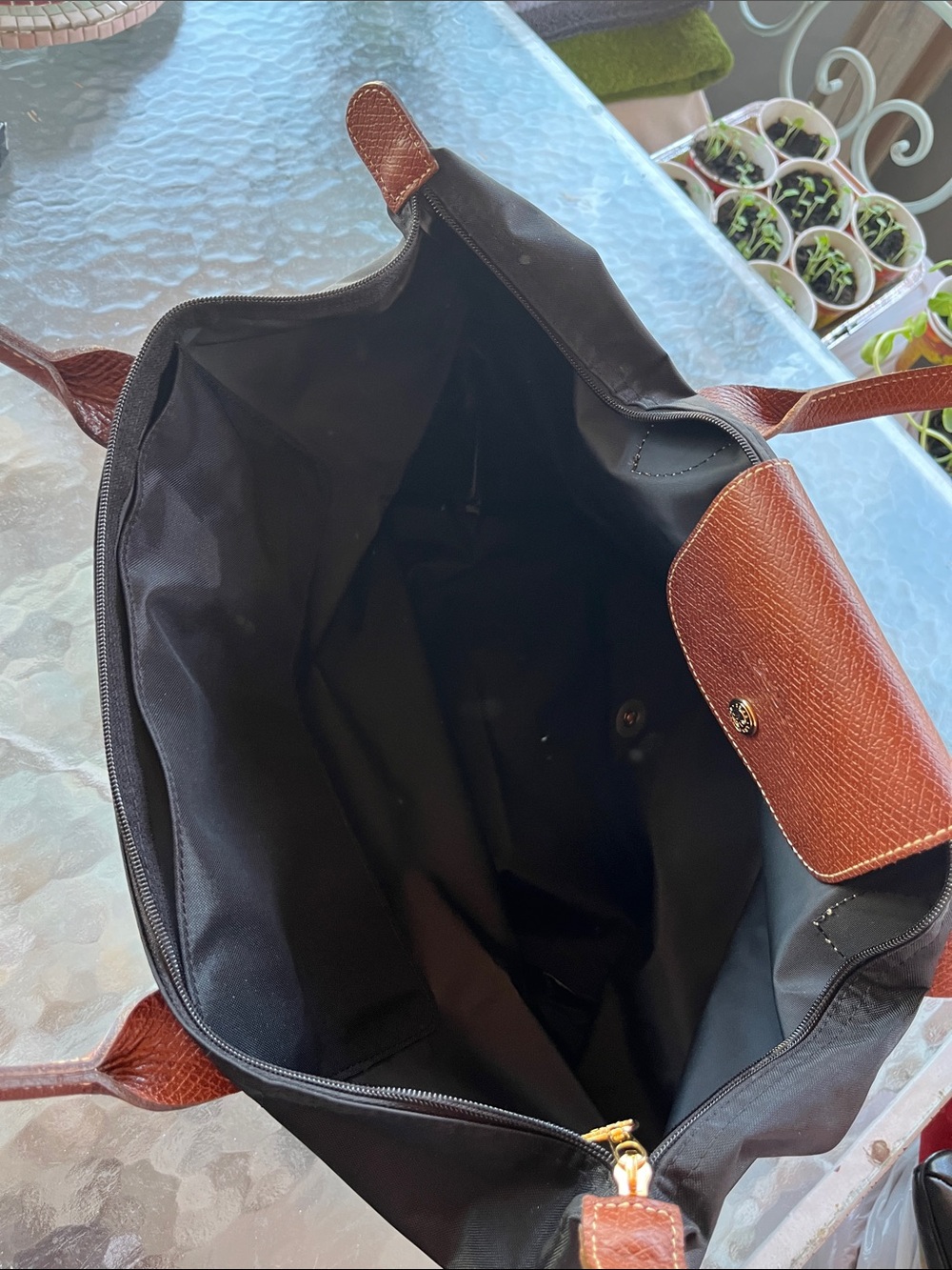 Longchamp Black Nylon Tote with Brown Leather Trim - Picture 3 of 4